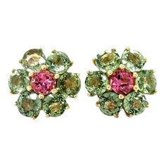 5.50 Carat Round Cut Natural Sapphire Tourmaline Yellow Gold Stud Earrings Cute, dainty earrings that are versatile and great for an everyday look!   There are 12 Green Sapphires that weigh 4.96 carats and 2 Pink Tourmalines that weigh 0.54 carats set to create a flower design. The total carat weight is 5.50 Carats Made in 14K Yellow Gold weighing approximately 2.9 grams. They come with a push back backing designed for an easy and secure wear.   Exact dimensions for this item are unknown. Please Yellow Gold Stud Earrings, The Crown Jewels, Pretty Accessories, Tourmaline Earrings, Botanic Garden, Gold Stud Earrings, Flower Tops, Green Sapphire, Earrings Cute