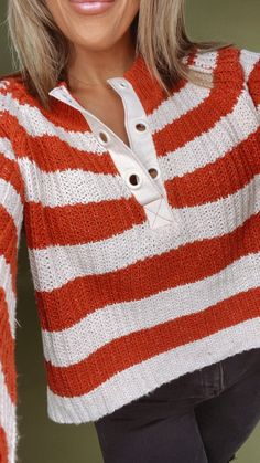 Get ready to turn heads in our Say Less Striped Sweater! This playful striped sweater is perfect for adding a little fun to your wardrobe, this top will take you to new heights in style. An ECB must have! Striped sweater Relaxed fit Cropped Orange/Taupe Wide sleeve V neck Measurements/Sizing: (Approximate. Measured lying flat.) ***Cropped, loose fit. S- Size 4/6 Length 18" M- Size 8/10 Length 18 1/2" L- Size 12/14 Length 19 1/2" Model Specs: Karli is wearing a size small in the photo.How will th Cozy Striped Cotton Sweater, Knit Sweater With Striped Sleeves For Fall, Chic Fall Sweater With Striped Collar, Striped Cotton Sweater For Fall, Chic Striped Knit Sweater, Trendy Knit Sweater With Horizontal Stripes, Fall Knit Top With Striped Sleeves, Casual Knit Sweater With Contrast Stripes, Knit Tops With Striped Sleeves For Fall