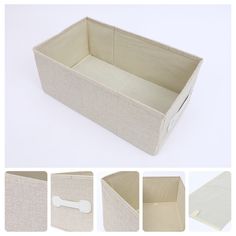 the bottom section of a storage box is shown with four different angles to fit it