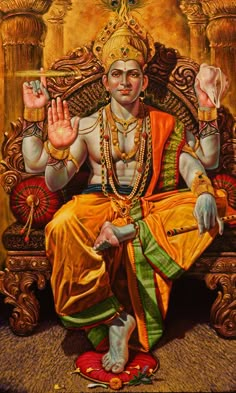 a painting of a man sitting on top of a chair with his hands in the air