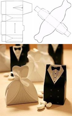 some paper bags that have been made to look like clothes and tuxedos on them