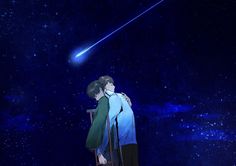 two people standing in front of a blue sky with stars and a shooting star above them