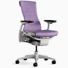 an office chair with purple fabric on the back and white frame, in front of a white background