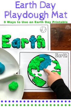 an earth day playdough mat with the words earth on it and a hand holding a