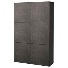 a tall gray cabinet with four doors and no shelves on the front, against a white background