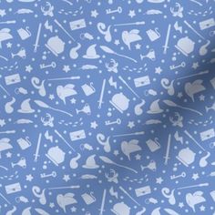 a blue and white pattern with various items on it