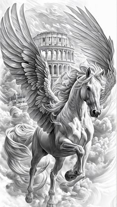 Pegasus Tattoo Mythology, Fullback Tattoo Design, Cerberus Tattoo Design, Pegasus Tattoo Design, Pegasus Tattoos, Greek Tattoo Design, Horse Head Drawing, Greek Drawing, Pegasus Tattoo