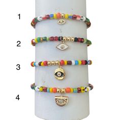 Designed on Elastic Fits wrists 6 1/4"- 6 3/4" Custom sizes available upon request Gold Disc, Colorful Bracelets, Evil Eye, Custom Sizing, Elastic, Color