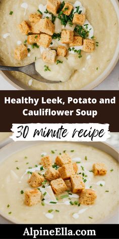 two pictures of soup with tofu and cauliflower in it, the top photo is