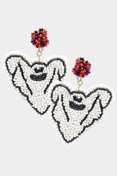 "Our new beaded women's ghost dangle earrings are so fun and cute! These white, orange and black ghost earrings are perfect for any occasion! Our adorable Halloween ghost earrings make me smile every time I look at them. Beaded with white, black and orange seed beads these ghost are adorable. The ghost dangle from a orange, black and white candy post style earring with push back closure. The earrings are made on white felt so they are not a hard or heavy earring. How adorable would these be at p Beaded Ghost, Halloween Earrings Beaded, Beaded Halloween, Spooky Earrings, Bottle Earrings, Halloween Beads, Felt Halloween, Ghost Earrings, Earrings Halloween