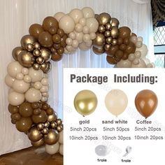 the package includes gold, white, and brown balloons in different shapes with an arch