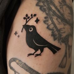 a black bird sitting on top of a person's leg with a snake around it