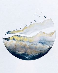 an abstract painting with birds flying in the sky over mountains and watercolor paint on paper