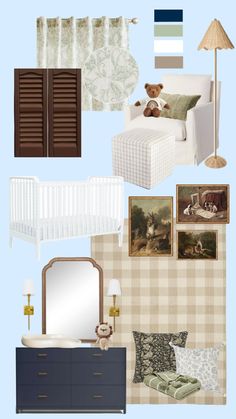 a baby's room is shown in shades of blue, brown and white