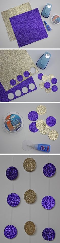 three different pictures of purple and gold glittered circles hanging from the ceiling with glue