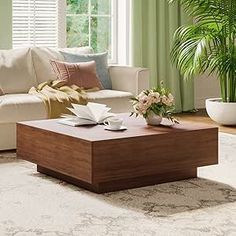 a living room filled with furniture and a potted plant on top of a coffee table