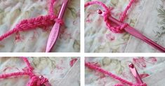 four pictures show how to crochet the ends of two pairs of pink scissors