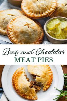 beef and cheese pies on a white plate next to a bowl of pickles