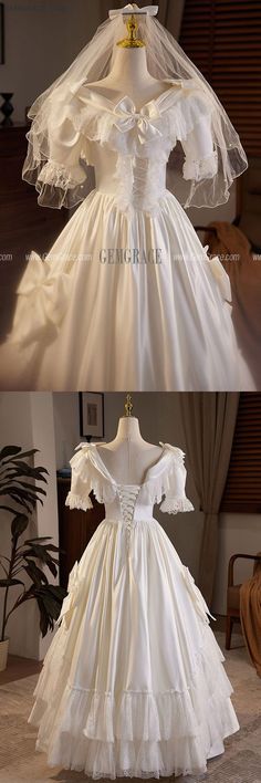 two pictures of wedding gowns on display