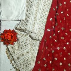 Handmade Three Piece White Suite - Pakistani Indian Style - Chiffon - Medium Red Dupatta Festive Red Chiffon Dupatta, Elegant Red Dupatta With Handwork, Elegant Red Dupatta With Mirror Work, White Silk Blouse Piece With Mirror Work, White Chiffon Bollywood Dupatta, Bohemian Red Blouse Piece With Dupatta, Red Bohemian Blouse Piece With Dupatta, White Silk Blouse Piece For Party, White Silk Blouse For Party