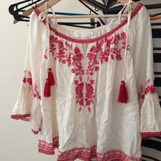 Length (Without Straps) Is 16.5". Never Worn. Red Embroidered Top With Floral Design For Vacation, Red Folk Style Embroidered Top For Summer, Bohemian Red Peasant Top For Summer, Red Bohemian Peasant Top For Festival, Embroidered Red Blouse For Vacation, Red Embroidered Top For Vacation, Traditional Red Peasant Top For Summer, Red Floral Embroidered Top For Vacation, Bohemian Red Embroidered Top With Intricate Embroidery