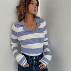 Casual Long Sleeve Tight Top Stripe Shirt Sexy Coffee Black, Stripe Shirt, Striped Sleeve, Ribbed Knit Sweater, Black Coffee, Mesh Dress, Blue Sweaters, Striped Long Sleeve, Stripe Print