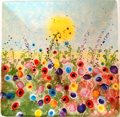 a painting on glass with colorful flowers in the grass and blue sky behind it is an acrylic paint effect