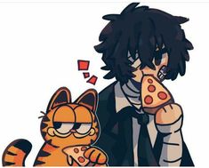 a cartoon character holding a pizza slice next to a cat