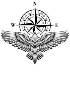 a black and white drawing of a compass with wings