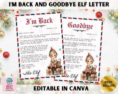 two christmas elfs sitting on top of each other with the words i'm back and goodbye elf letter