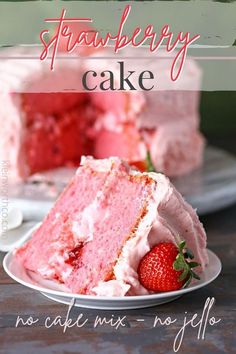 a strawberry cake on a plate with a slice missing