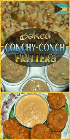 some food that is on a plate with sauces and conch - conch fritters