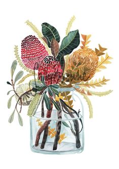 a watercolor painting of flowers in a glass vase with leaves and berries on the side