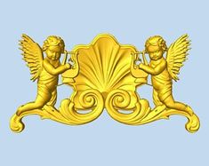 two cherubs on a gold plaque with swirly scroll and scrolls around them