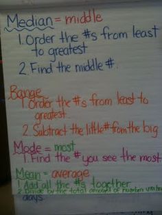 a white sign with writing on it that says median = middle i order the 1sts from least 2 find the middle