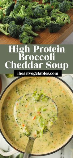 broccoli and cheese soup in a pot with a ladle full of broccoli