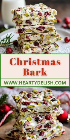 christmas bark recipe with white chocolate, cranberries and pistachio on top