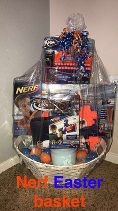 a basket filled with nerf easter baskets