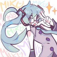 a drawing of a girl with blue hair and glasses