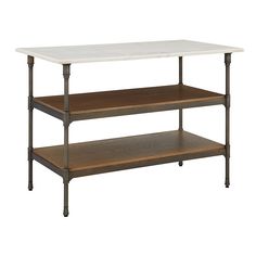 a table with two shelves on each side and one shelf under the top that has a white marble top