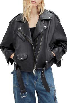 Rock a classically cool look with this buttery-soft leather moto jacket featuring silvertone hardware and a buckle belt to adjust the fit. Asymmetric front zip closure Notched lapels Zip cuffs Front welt pockets; Front snap-flap pocket Lined Leather Professional leather clean Imported Fall Leather Biker Jacket With Belt Loops, Fall Biker Leather Jacket With Belt Loops, Moto Outerwear With Belt Loops For Fall, Fall Moto Biker Jacket With Belt Loops, Classic Belted Leather Jacket For Spring, Spring Leather Biker Jacket With Belt Loops, Biker Leather Jacket With Belt For Fall, Edgy Leather Jacket With Belt Loops For Fall, Belted Biker Leather Jacket For Fall