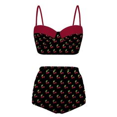 Pin Up Bikini, Cherry Print Bikini, Retro Bikini, High Waist Bikini Set, Red Black Bikini, Vintage Style Bikini, 60s Style, Pin up Swimsuit Designed in California, HandMade and shipped from overseas This is a two piece bikini set I designed for those who loves the retro style swimsuit! It's got a high waist ruche bikini bottom. A matching bikini top with cute cherry pattern print! Perfect for the Summer or your holiday vacation. You will not find this anywhere but my store since I designed it. : Red Retro Swimwear For Poolside, Retro Red Swimwear For Poolside, Retro Stretch Swimwear For Poolside, Red Cherry Print Swimwear For Beach, Red Cherry Print Swimwear, Vintage Red Swimwear For Beach, Retro Party Swimwear Fitted, Retro Fitted Party Swimwear, Red Fitted Tankini For Swimming