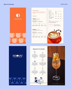 four different menus with drinks in them on a blue and orange background, one is for