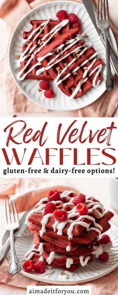 red velvet waffles with raspberries and cream drizzled on top