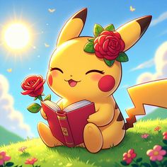 a cartoon pikachu holding a book with a rose on it's head