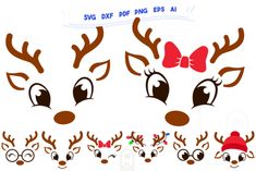 christmas reindeer head with red bow and glasses on it's face, set of four different