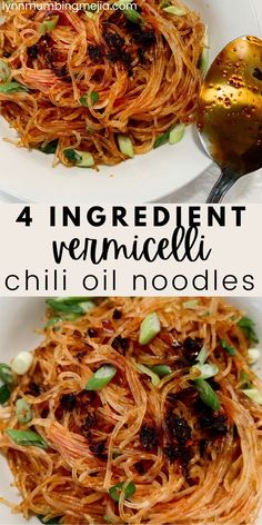 4 Ingredient Easy Vermicelli Chili Oil Noodles | Lynn Mumbing Mejia Vermicelli Bowl Sauce, Vermicelli Rice Noodle Recipes, Chilli Noodles Recipe, Rice Noodles Recipes, Dinner Idea For Two, Garlic Chili Oil Noodles, Chilli Noodles, Chili Oil Noodles, Spicy Asian Noodles