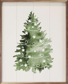 a watercolor painting of a green christmas tree with white stars on the top, in a wooden frame