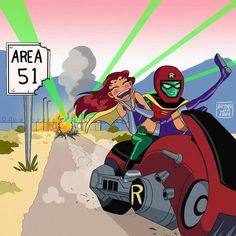 a cartoon character riding on the back of a motorcycle next to a sign that reads area 51