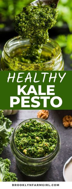 healthy kale pesto recipe in a jar with spoon